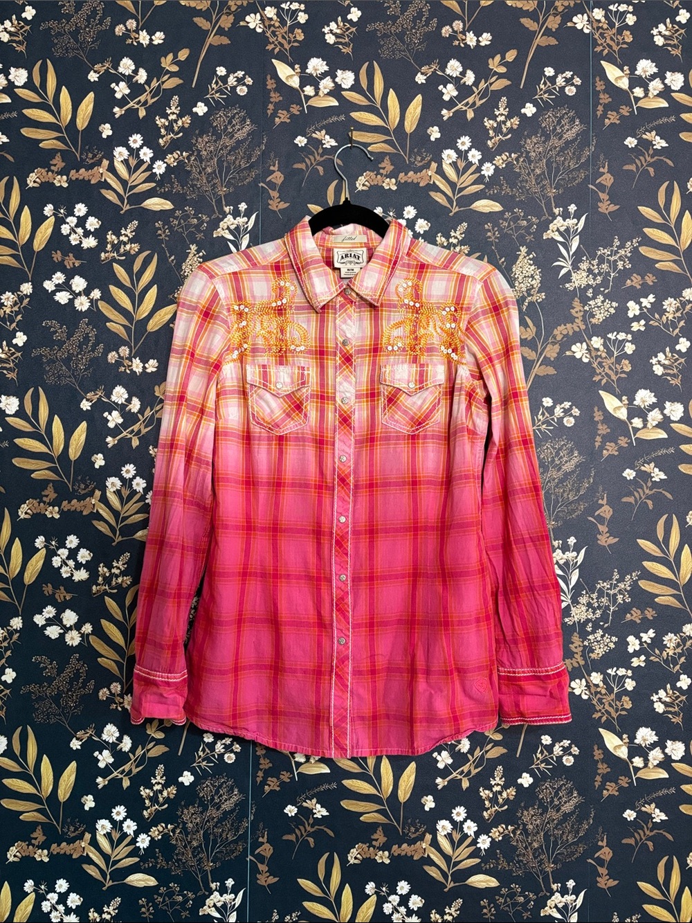 Ariat Pink Ombre Plaid Western Button-Down Shirt Top Size M